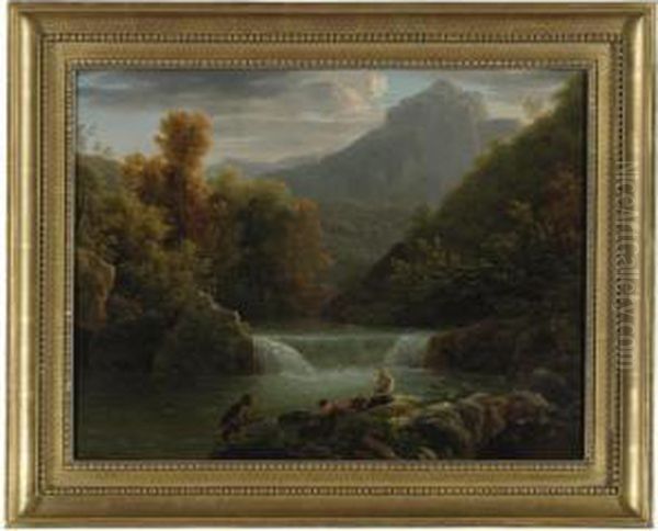 Peasants Resting By A River With A Waterfall Oil Painting by Jean-Joseph-Xavier Bidauld