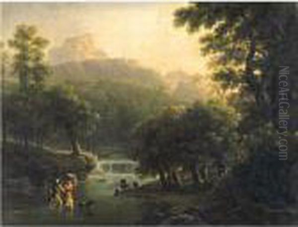 Landscape With Figures Crossing A River Oil Painting by Jean-Joseph-Xavier Bidauld