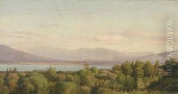 A View Of Lake Geneva With The Glaciers Of Mont Blanc Beyond Oil Painting by Jean-Joseph-Xavier Bidauld