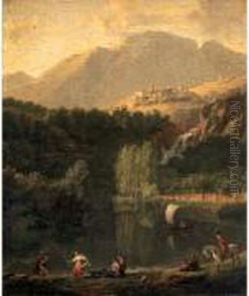 Paysage Italien Anime De Personnages Au Bord D'un Lac Oil Painting by Jean-Joseph-Xavier Bidauld