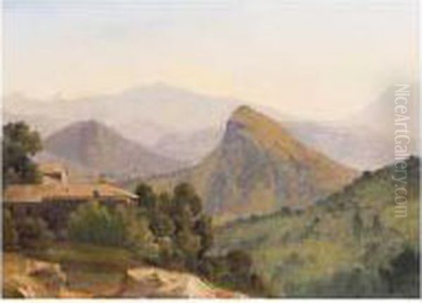 An Italianate Landscape With A Farmhouse, Mountains Beyond Oil Painting by Jean-Joseph-Xavier Bidauld