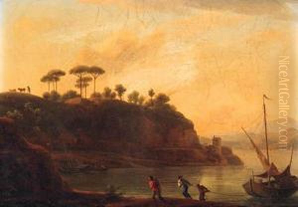 Fishermen Towing A Boat On The River Tiber At Sunset Oil Painting by Jean-Joseph-Xavier Bidauld