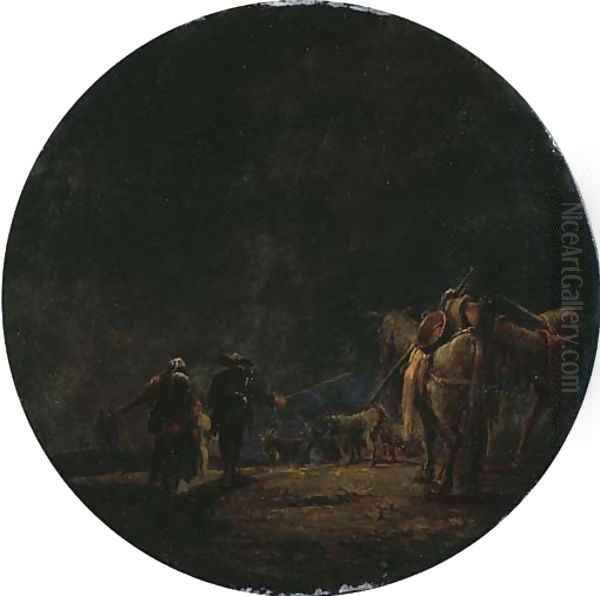 A moonlit landscape with travellers leading their pack mules, a resting goat herd beyond Oil Painting by Leonaert Bramer