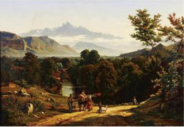 Travelers In A Valley Oil Painting by Johann Jakob Biedermann