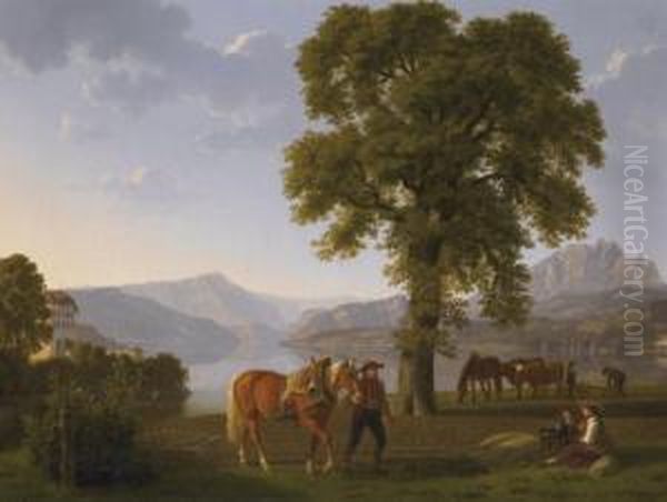 Pflugende Bauern Am Vierwaldstattersee Oil Painting by Johann Jakob Biedermann