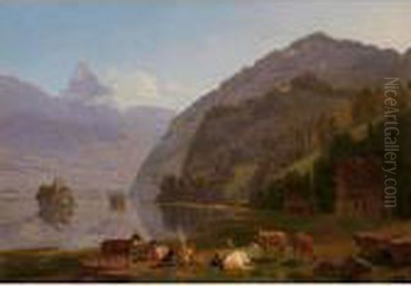 At Lake Lauerz Oil Painting by Johann Jakob Biedermann