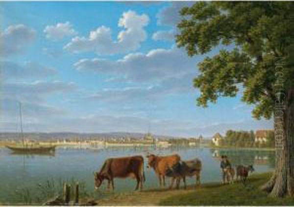 Blick Auf Konstanz (bodensee) Oil Painting by Johann Jakob Biedermann