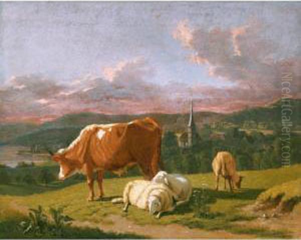 Schafe Und Kuh Auf Der Weide Oil Painting by Johann Jakob Biedermann