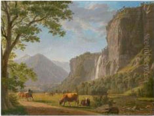 Falcherenbachfall (bei Meiringen) Oil Painting by Johann Jakob Biedermann