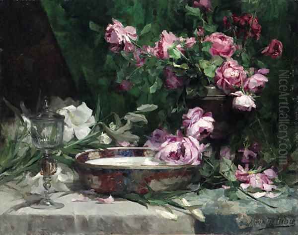 Still Life with Roses and Lillies Oil Painting by Marie De Bievre