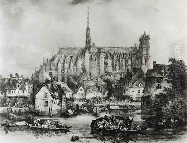 View of the Cathedral of Notre Dame, Amiens, from Pont Dudon Oil Painting by Eugene Balan