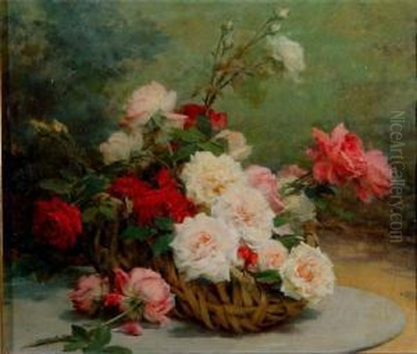 Still Life - Roses In A Wicker Basket Oil Painting by Gustave Bienvetu