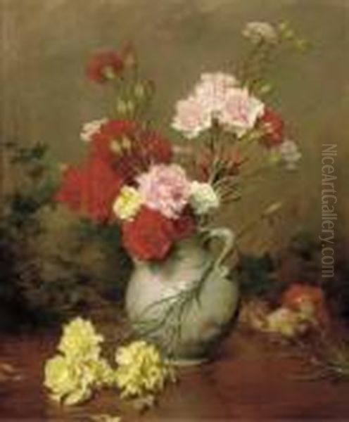 Carnations In A Vase, A Garden Beyond Oil Painting by Gustave Bienvetu