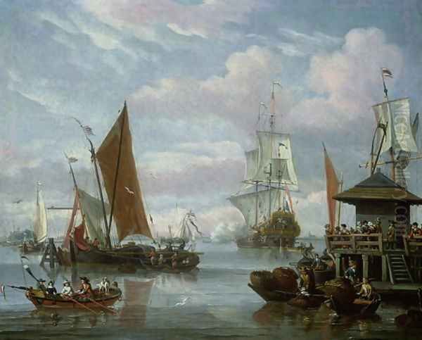 Estuary Scene with Boats and Fisherman Oil Painting by Johannes de Blaauw