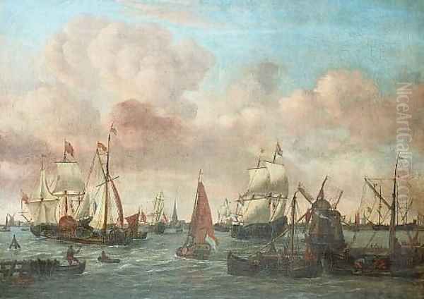 Dutch shipping off a coastal town Oil Painting by Johannes de Blaauw