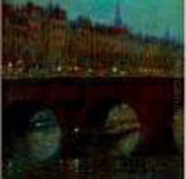 Paris, La Seine Au Pont Neuf, La Nuit Oil Painting by Marie-Gabriel Biessy