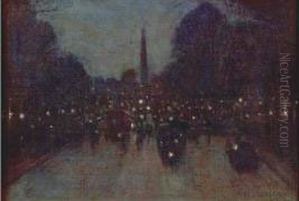 Paris Rue Royale, La Nuit, Effet De Lumiere Oil Painting by Marie-Gabriel Biessy