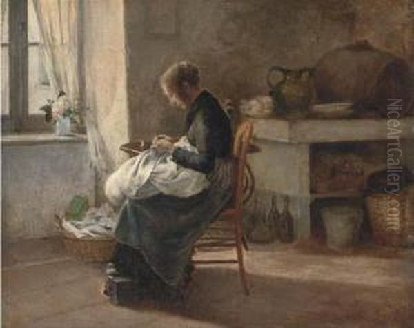 Woman Sewing In An Interior Oil Painting by Marie-Gabriel Biessy