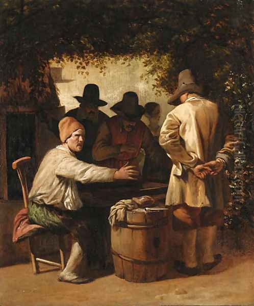 Peasants playing backgammon beneath the arbour of a tavern Oil Painting by Job Adriaensz. Berckheyde