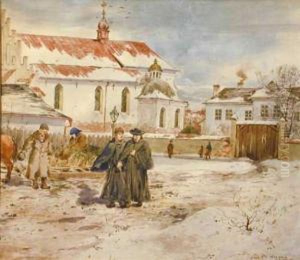 Scena Rodzajowa W Malym Miasteczku Oil Painting by Seweryn Bieszczad