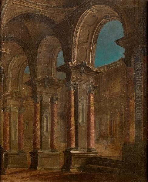 Capriccio
Of A Colonnade Looking Onto A Palace Courtyard Oil Painting by Vittorio Maria Bigari