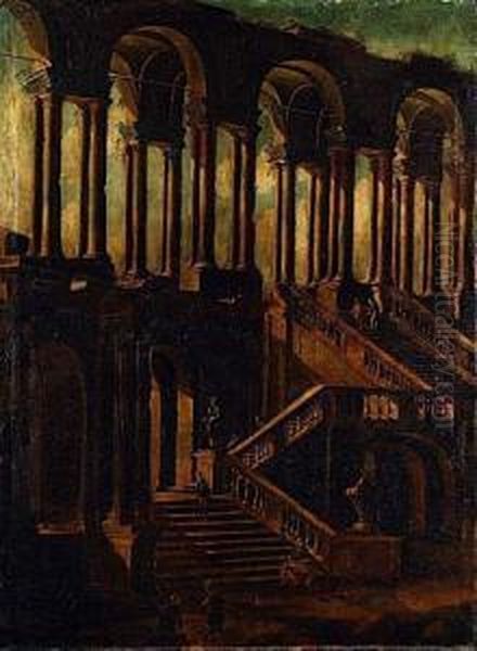 Colonnade Et Escalier Anime De Personnages Dans Un Palais Classique Oil Painting by Vittorio Maria Bigari