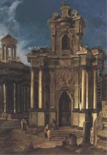 A Capriccio Of A Baroque Church And Antique Ruins Withfigures Oil Painting by Vittorio Maria Bigari