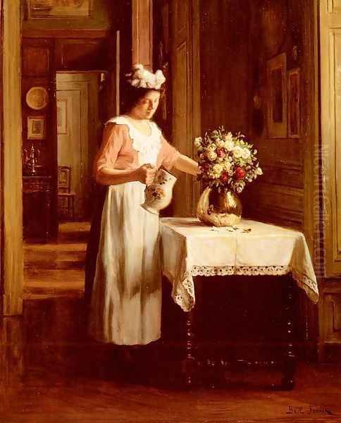 A Maid Watering Flowers by Franck Antoine Bail