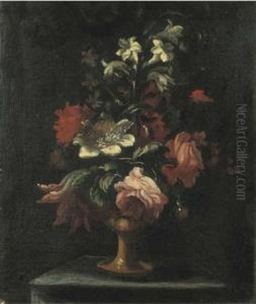 Ranuncoli, Garofani, Peonie Ed 
Altri Fiori In Un Vaso Vaso Dimetallo Su Un Piedistallo; E Rose, 
Garofano Ed Altri Fiori In Unvaso Di Metallo Su Un Piano Di Pietra Oil Painting by Felice Fortunato Biggi Dei Fiori