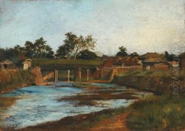 Village Japonnais Au Bord De La Riviere Oil Painting by Georges Ferdinand Bigot