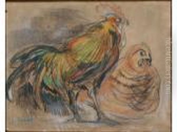 Coq Et Sa Poule Oil Painting by Raymond Bigot