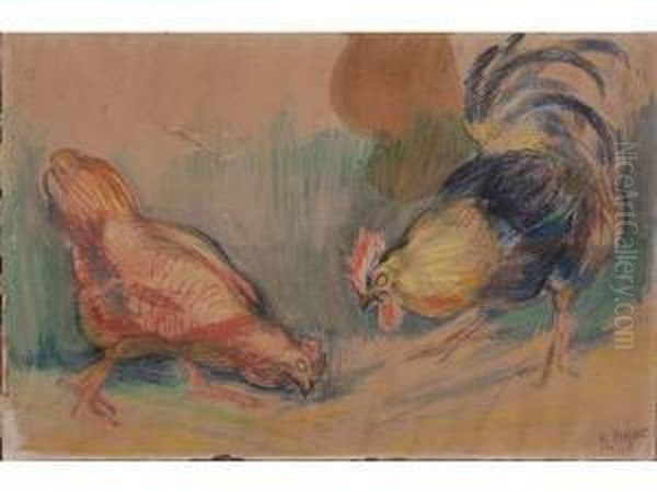 Coq Et Poule Picorant by Raymond Bigot