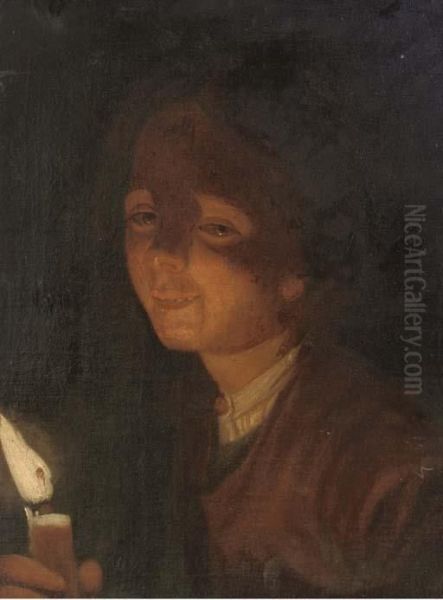 A Boy Carrying A Candle Oil Painting by Trophime Bigot