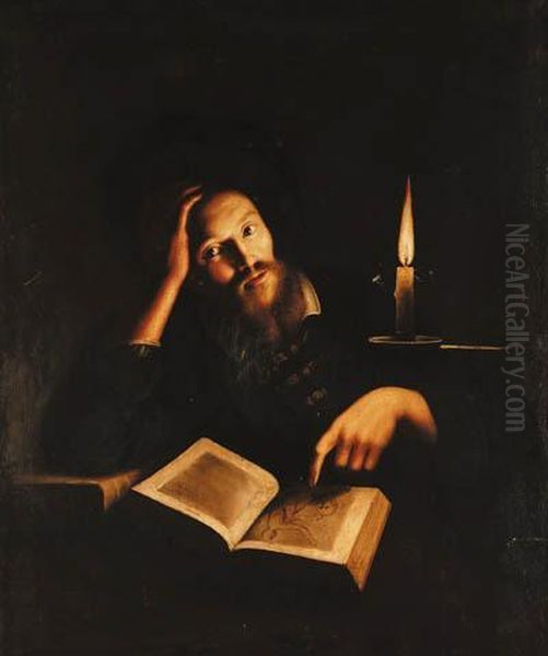 A Man With An Album Of Drawings By Candlelight, At A Table Oil Painting by Trophime Bigot