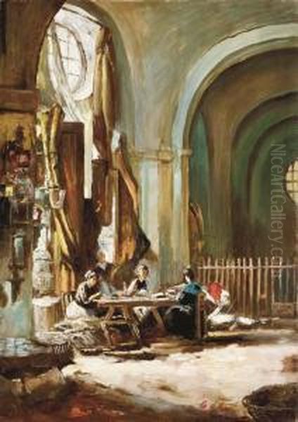 Seamstresses By A Window Oil Painting by Gonzalo Bilbao Martinez