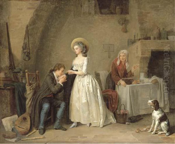 An Amorous Couple In An Interior
 With An Old Woman Preparing A Meal, Musical Instruments, A Basket Of 
Flowers And A Dog Oil Painting by Marc-Antoine Bilcoq