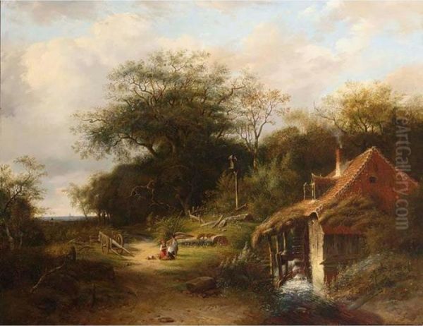 A Wooded Landscape With Travellers On A Sandy Track Near A Watermill Oil Painting by Johannes Warnardus Bilders