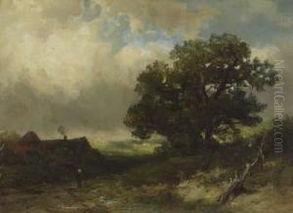 Wolken Uber Sommerlandschaft Mit Gehoft Und Bauerin Oil Painting by Johannes Warnardus Bilders