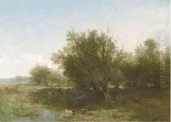 An Angler In A Summer Landscape Oil Painting by Johannes Warnardus Bilders