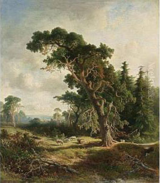 A Sheperd And His Flock In A Wooded Landscape Oil Painting by Johannes Warnardus Bilders