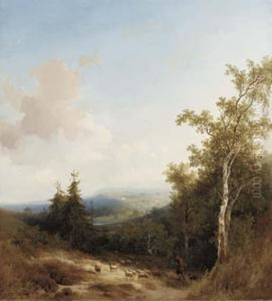 A Shepherd On A Mountain Path, A Valley Beyond Oil Painting by Johannes Warnardus Bilders