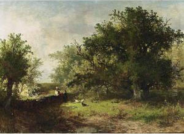 Washer Women In A Wooded Landscape, Wolfheze Oil Painting by Johannes Warnardus Bilders