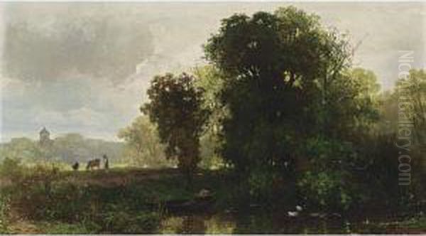 A Cowherd And An Angler By A Stream Oil Painting by Johannes Warnardus Bilders