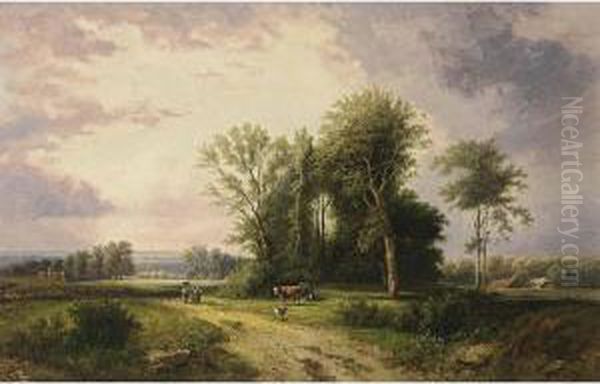 Figures On A Country Road Oil Painting by Johannes Warnardus Bilders