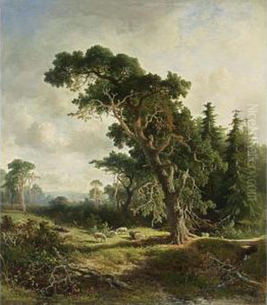 A Shepherd And His Flock In A Wooded Landscape Oil Painting by Johannes Warnardus Bilders