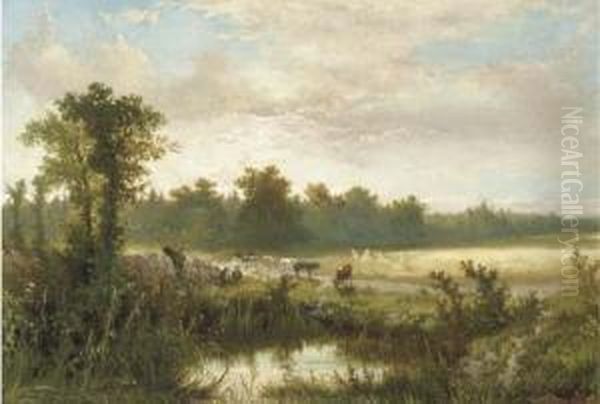 Wolfheze: Cowherds And Cattle Near A Fen At Dusk Oil Painting by Johannes Warnardus Bilders