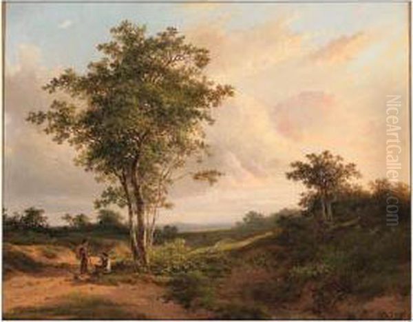 A Wooded Landscape With Travellers On A Sandy Track At Dusk Oil Painting by Johannes Warnardus Bilders