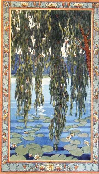 View Of A River With Branches Of A Willow Tree And Water Lilies Oil Painting by Ivan Iakovlevich Bilibine