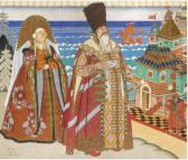 Tsar Saltan And Babarikha Oil Painting by Ivan Iakovlevich Bilibine