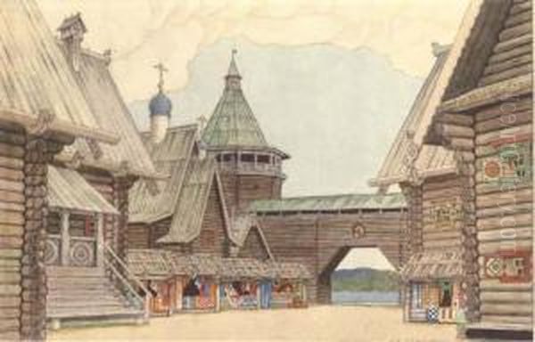 Set Design Depicting A Village Square Oil Painting by Ivan Iakovlevich Bilibine